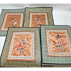 4 VTG Chinese Silk Panel Hand‎ Embroidered Textile Bird Butterfly 1970s Signed